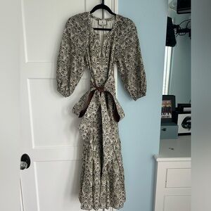 Tuckernuck Brown Blue and White Patterned Maxi Dress with Removable Belt